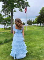 Fairy Sky Blue Sequare Neck Tiered Tulle Formal Evening Dresses Long Formal Prom Dresses