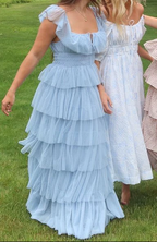 Fairy Sky Blue Sequare Neck Tiered Tulle Formal Evening Dresses Long Formal Prom Dresses
