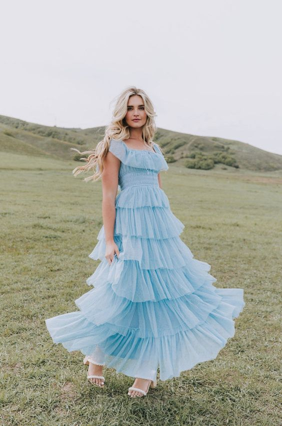 Fairy Sky Blue Sequare Neck Tiered Tulle Formal Evening Dresses Long Formal Prom Dresses Main image
