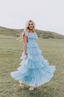 Fairy Sky Blue Sequare Neck Tiered Tulle Formal Evening Dresses Long Formal Prom Dresses