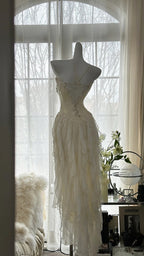 Fairy-Like Tube Top With Heart-Shaped Collar And Beaded Wood Ear Curled Skirt Chiffon Formal Prom Dresses