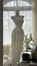 Fairy-Like Tube Top With Heart-Shaped Collar And Beaded Wood Ear Curled Skirt Chiffon Formal Prom Dresses