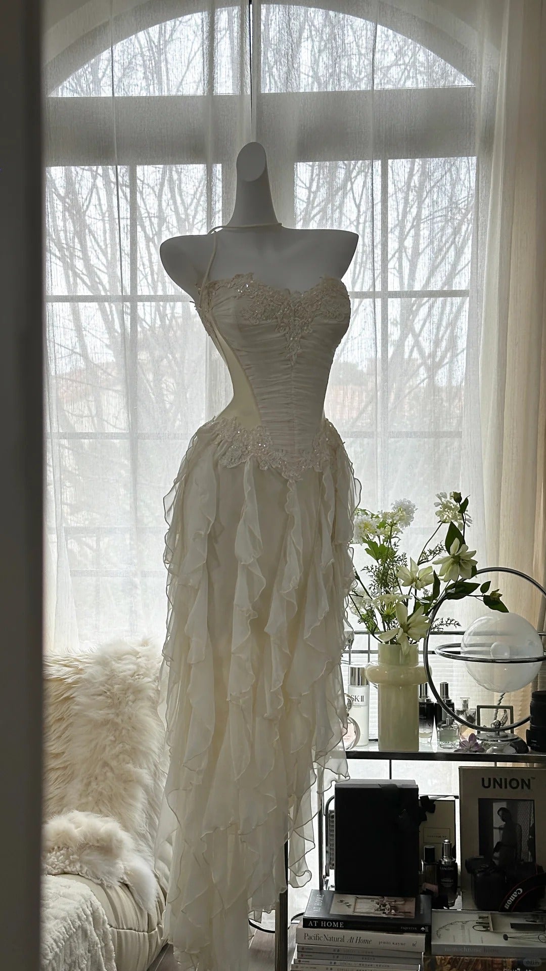 Fairy-Like Tube Top With Heart-Shaped Collar And Beaded Wood Ear Curled Skirt Chiffon Formal Prom Dresses