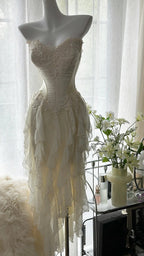 Fairy-Like Tube Top With Heart-Shaped Collar And Beaded Wood Ear Curled Skirt Chiffon Formal Prom Dresses