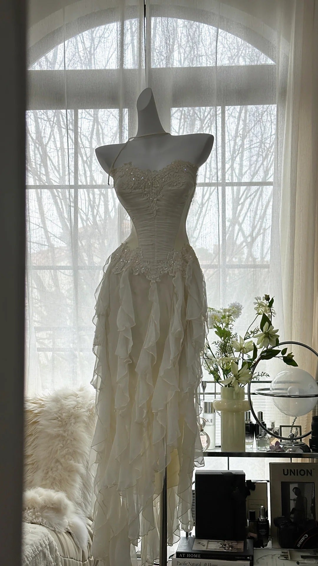 Fairy-Like Tube Top With Heart-Shaped Collar And Beaded Wood Ear Curled Skirt Chiffon Formal Prom Dresses