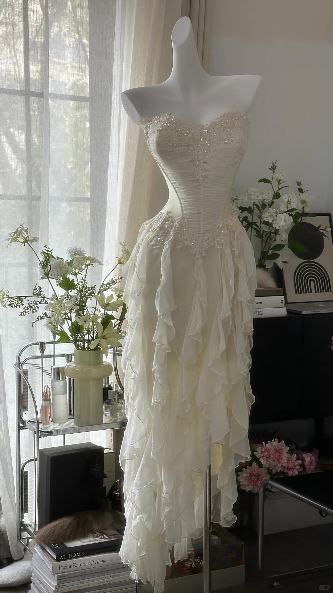 Fairy-Like Tube Top With Heart-Shaped Collar And Beaded Wood Ear Curled Skirt Chiffon Formal Prom Dresses