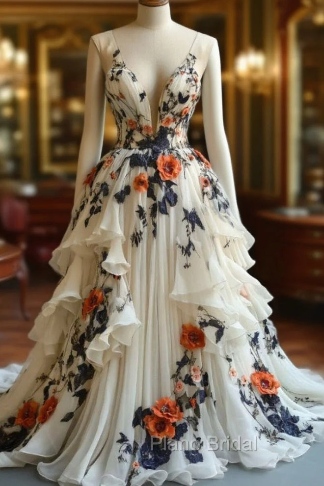 Fairytale A-Line Formal Prom Dresses For Wedding Chiffon 3D Applique Evening Dresses Main image