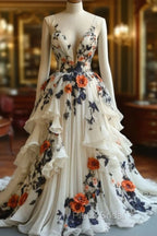 Fairytale A-Line Formal Prom Dresses For Wedding Chiffon 3D Applique Evening Dresses