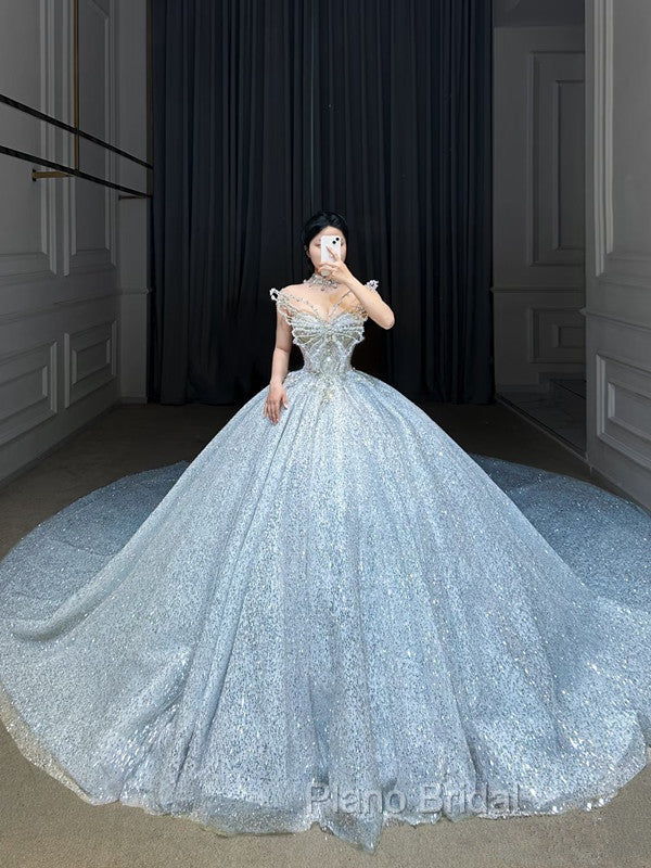 Fairytale Ball Gown Strapless Neckline Sequin Light Sky Blue Long Wedding Dresses Brides Dresses Secondary image
