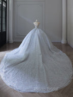 Fairytale Ball Gown Strapless Neckline Sequin Light Sky Blue Long Wedding Dresses Brides Dresses