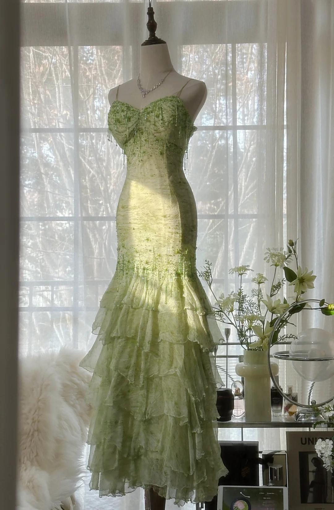 Fairytale Green Mermaid Vintage Party Dresses Sweetheart Chiffon Beaded Layed  Prom Dresses