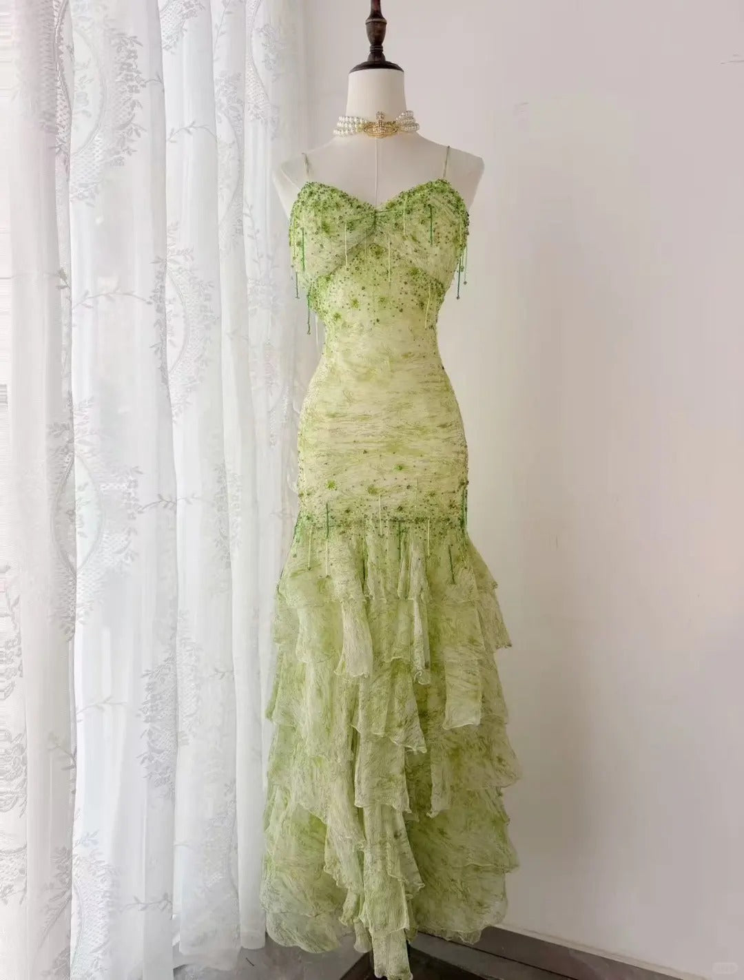 Fairytale Green Mermaid Vintage Party Dresses Sweetheart Chiffon Beaded Layed  Prom Dresses