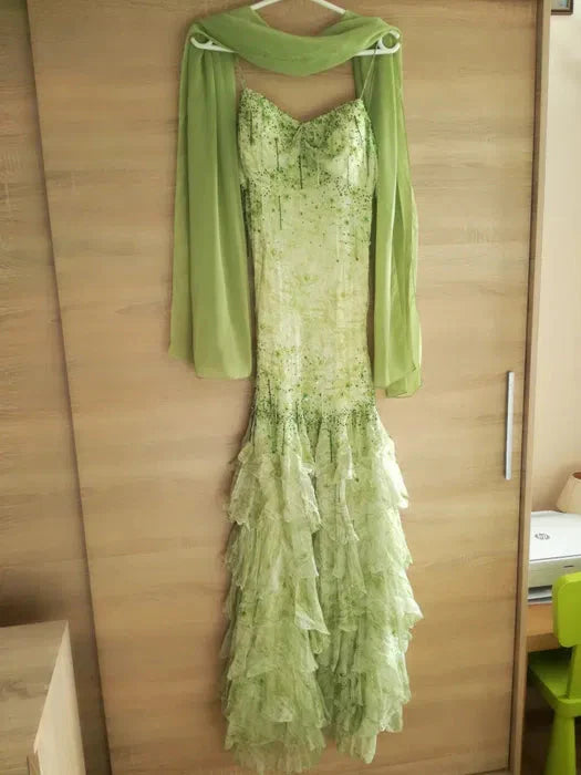 Fairytale Green Mermaid Vintage Party Dresses Sweetheart Chiffon Beaded Layed  Prom Dresses
