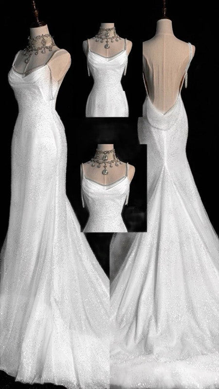 Fairytale Mermaid Wedding Dresses Glittering Straps Backless Wedding Dresses