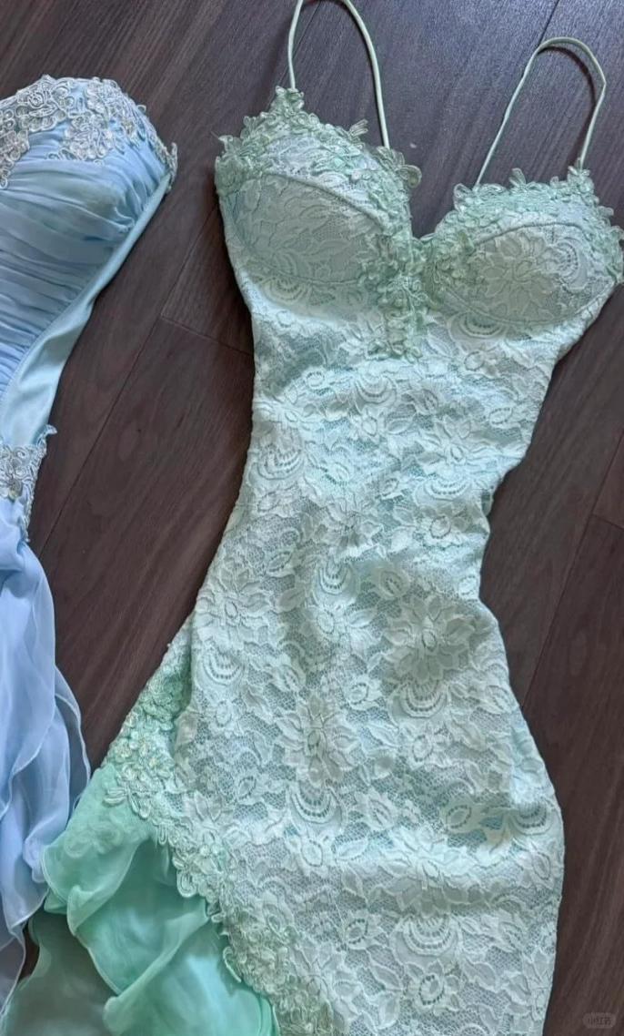 Fairytale Mint Green Spaghetti Straps Bodycon Chiffon Formal Prom Dresses Lace Applique Sweet Party Dresses Secondary image