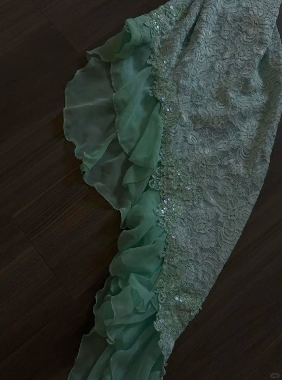 Fairytale Mint Green Spaghetti Straps Bodycon Chiffon Formal Prom Dresses Lace Applique Sweet Party Dresses