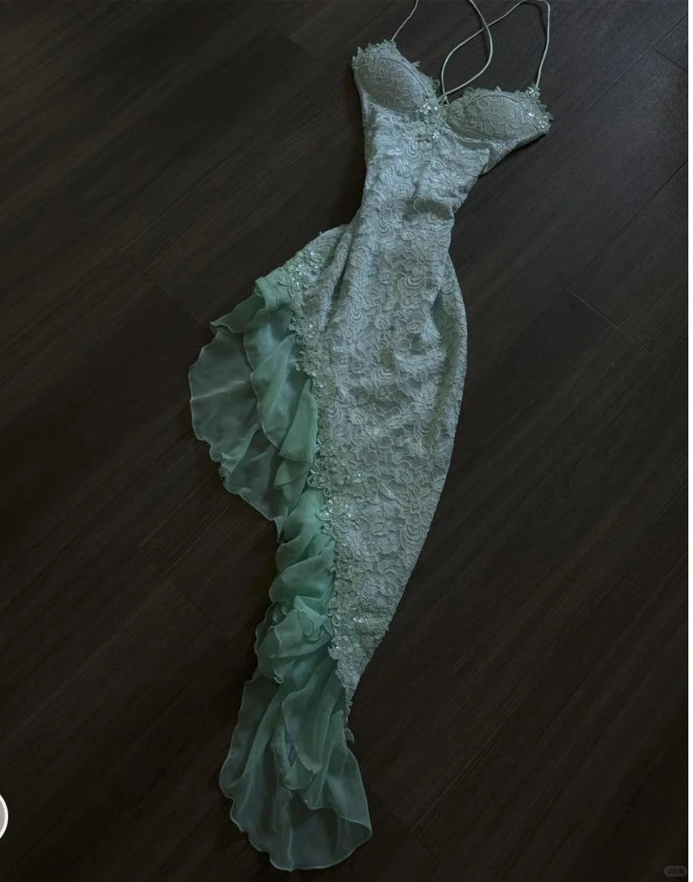 Fairytale Mint Green Spaghetti Straps Bodycon Chiffon Formal Prom Dresses Lace Applique Sweet Party Dresses Main image