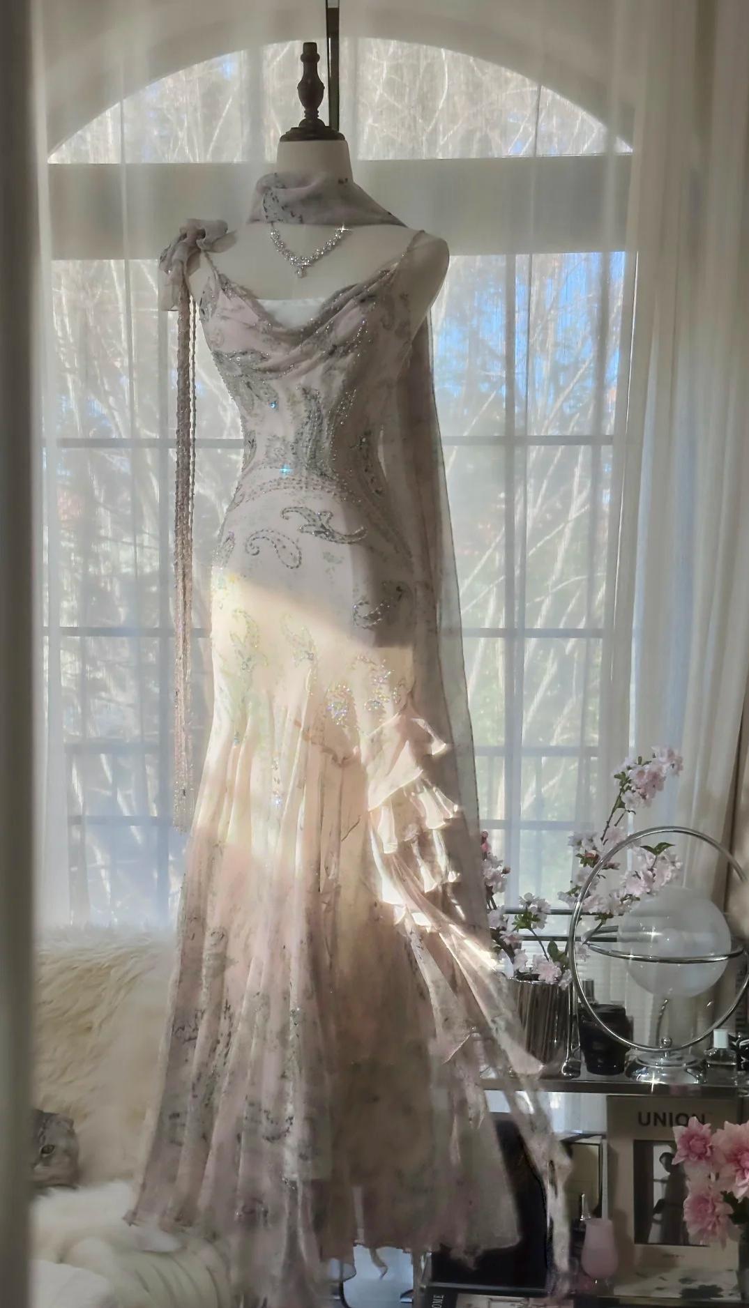E??? Fairytale Pink Spaghetti Straps Mermaid Formal Evening Gowns Vintage Elegant Beaded Silk Long Formal Prom Dresses Guest Dresses Secondary image