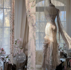 E??? Fairytale Pink Spaghetti Straps Mermaid Formal Evening Gowns Vintage Elegant Beaded Silk Long Formal Prom Dresses Guest Dresses