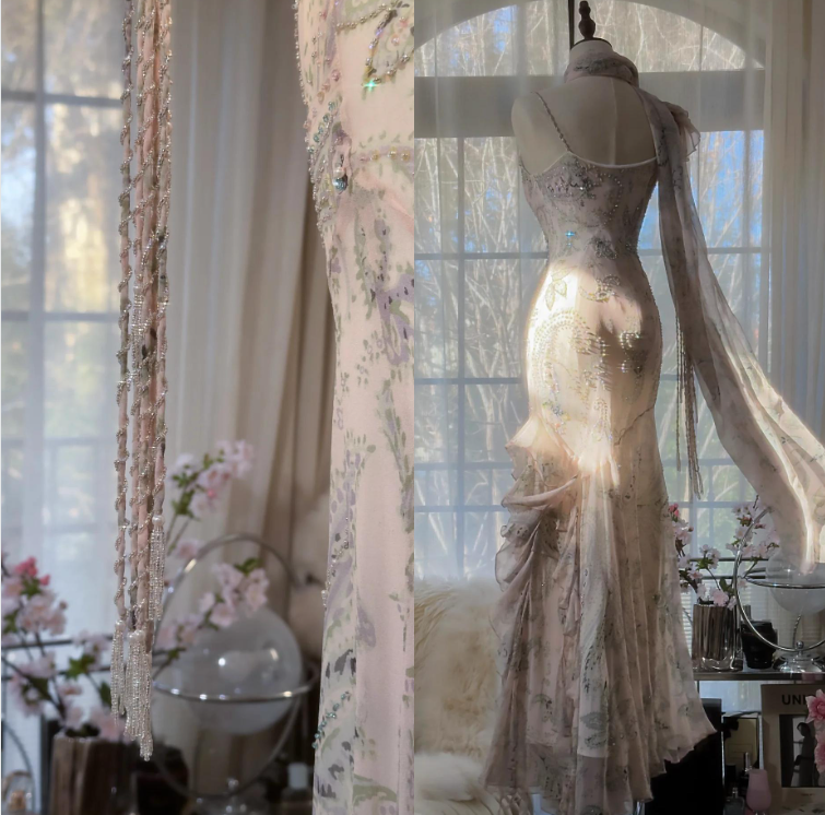 E??? Fairytale Pink Spaghetti Straps Mermaid Formal Evening Gowns Vintage Elegant Beaded Silk Long Formal Prom Dresses Guest Dresses