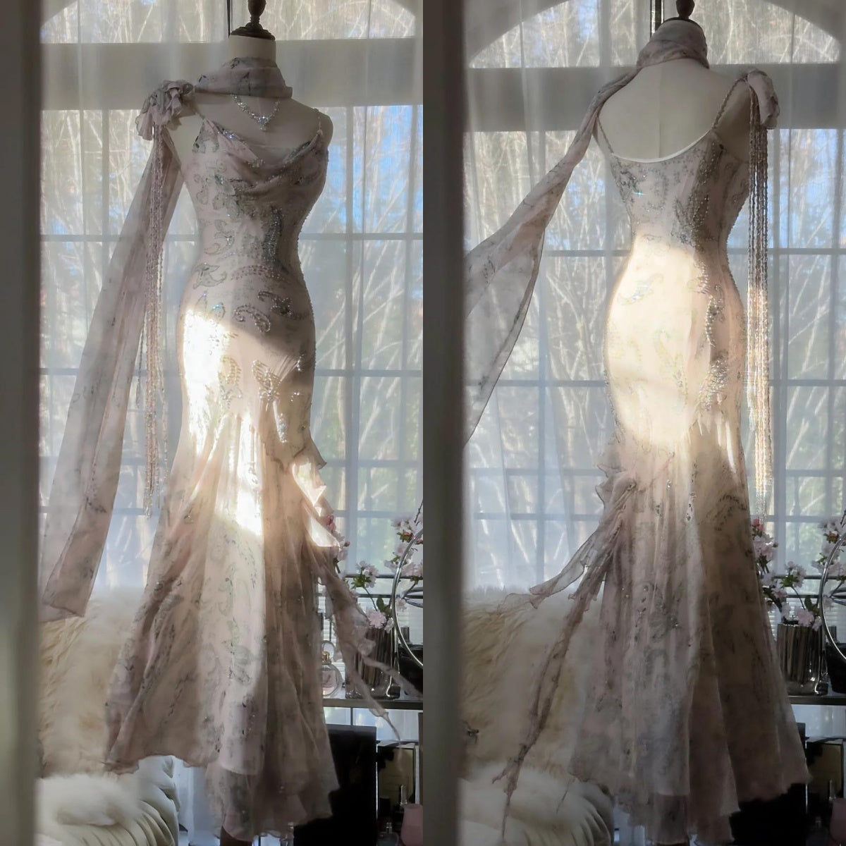 E??? Fairytale Pink Spaghetti Straps Mermaid Formal Evening Gowns Vintage Elegant Beaded Silk Long Formal Prom Dresses Guest Dresses