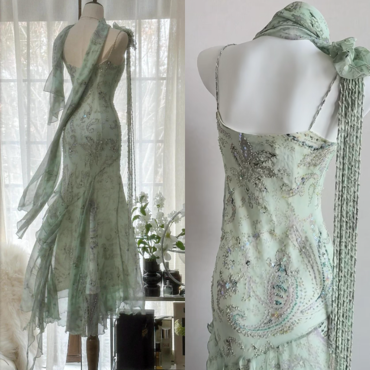 E??? Fairytale Pink Spaghetti Straps Mermaid Formal Evening Gowns Vintage Elegant Beaded Silk Long Formal Prom Dresses Guest Dresses