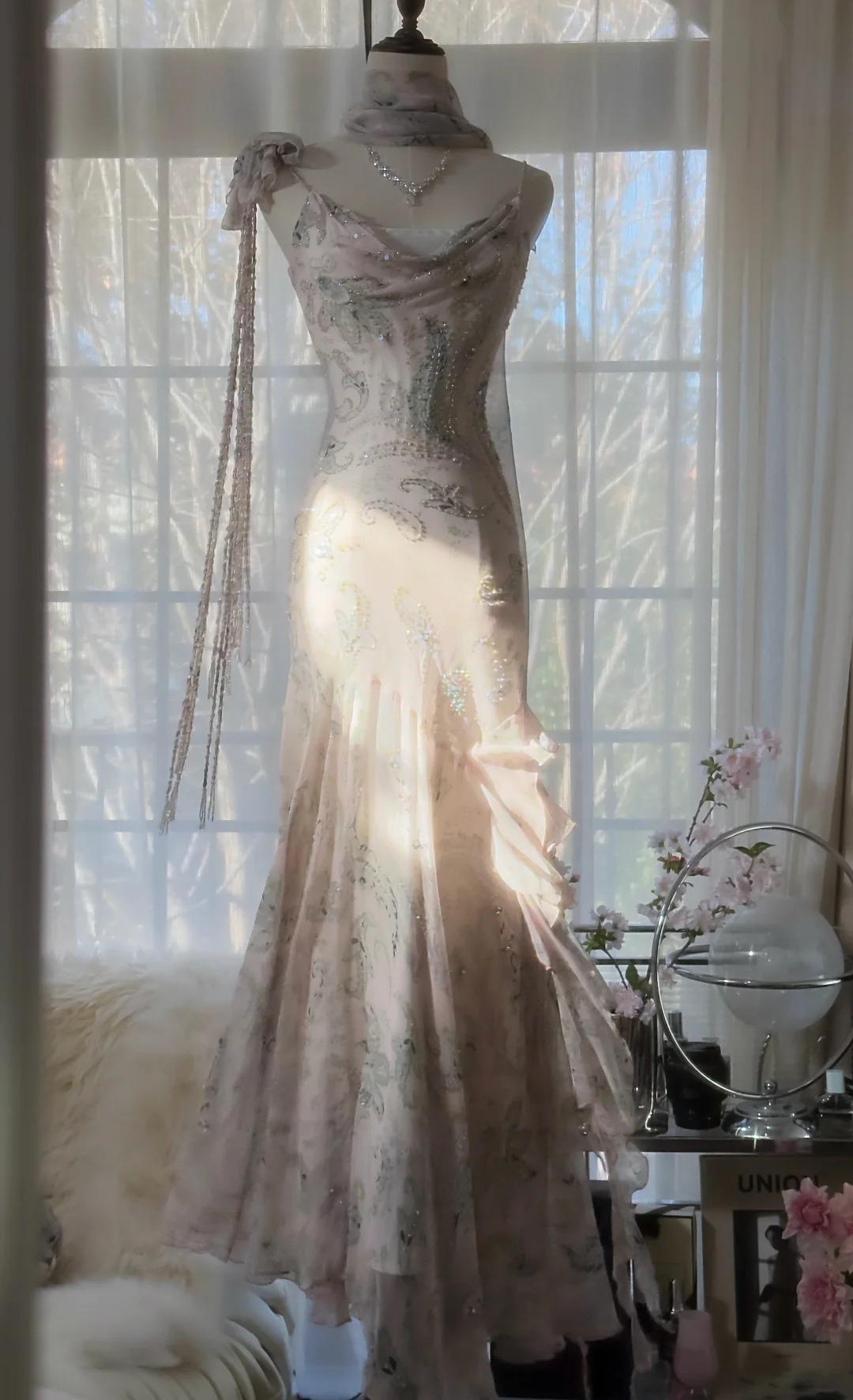 E??? Fairytale Pink Spaghetti Straps Mermaid Formal Evening Gowns Vintage Elegant Beaded Silk Long Formal Prom Dresses Guest Dresses Main image