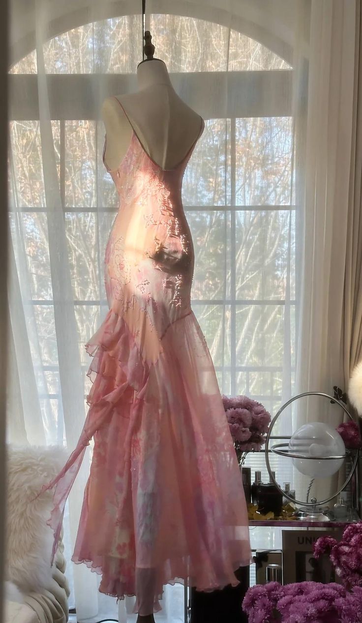 Fairytale Pink Mermaid Spaghetti Strap Beaded Ruffle Chiffon Formal Prom Dresses Secondary image