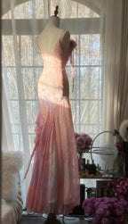 Fairytale Pink Mermaid Spaghetti Strap Beaded Ruffle Chiffon Formal Prom Dresses