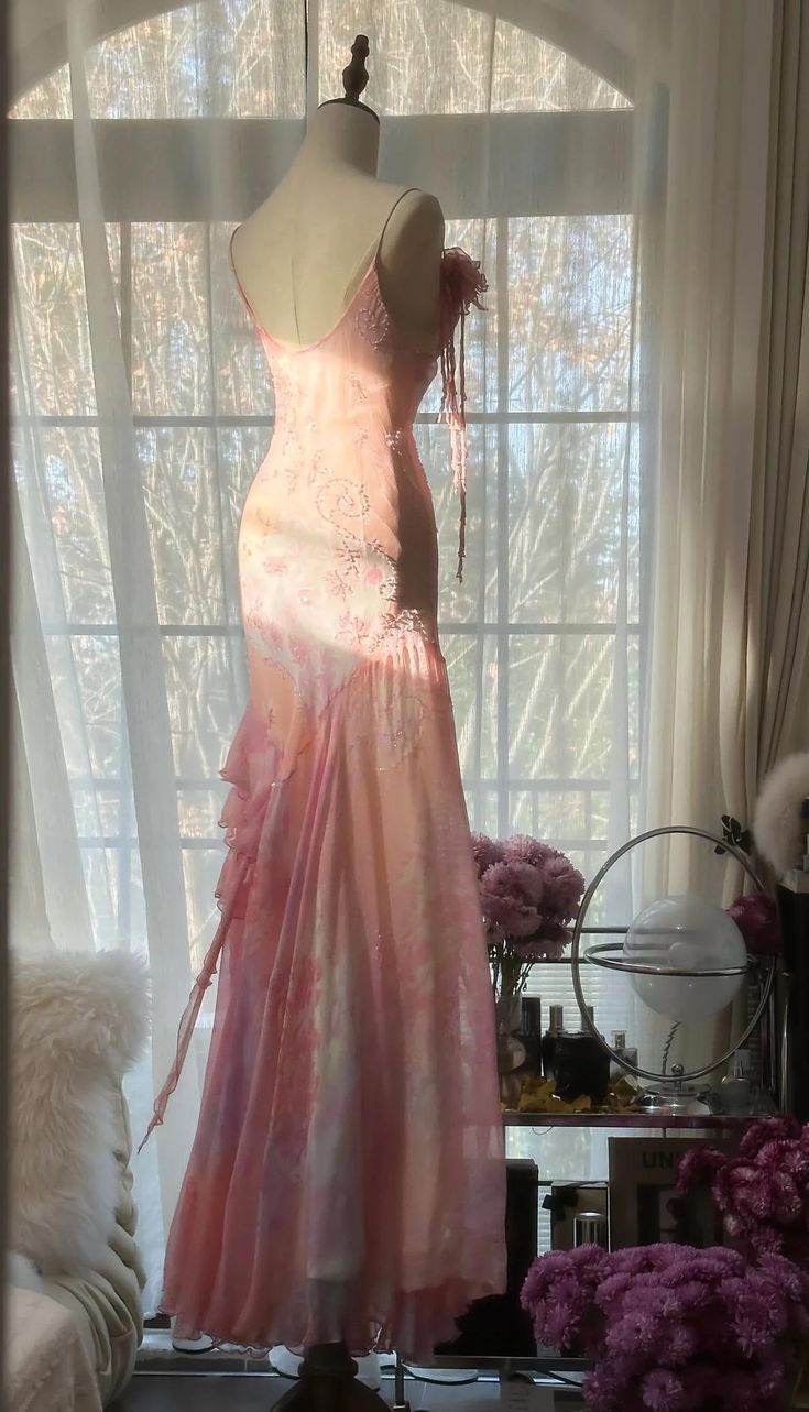 Fairytale Pink Mermaid Spaghetti Strap Beaded Ruffle Chiffon Formal Prom Dresses