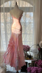 Fairytale Pink Mermaid Spaghetti Strap Beaded Ruffle Chiffon Formal Prom Dresses