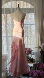 Fairytale Pink Mermaid Spaghetti Strap Beaded Ruffle Chiffon Formal Prom Dresses