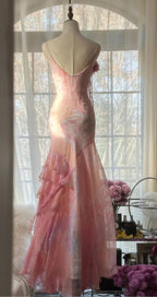 Fairytale Pink Mermaid Spaghetti Strap Beaded Ruffle Chiffon Formal Prom Dresses