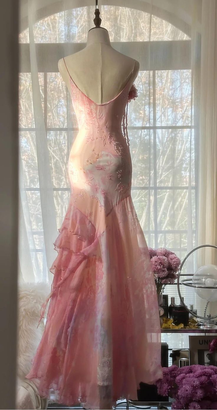 Fairytale Pink Mermaid Spaghetti Strap Beaded Ruffle Chiffon Formal Prom Dresses
