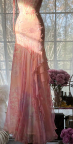 Fairytale Pink Mermaid Spaghetti Strap Beaded Ruffle Chiffon Formal Prom Dresses