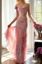 Fairytale Pink Mermaid Spaghetti Strap Beaded Ruffle Chiffon Formal Prom Dresses