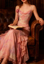 Fairytale Pink Mermaid Spaghetti Strap Beaded Ruffle Chiffon Formal Prom Dresses