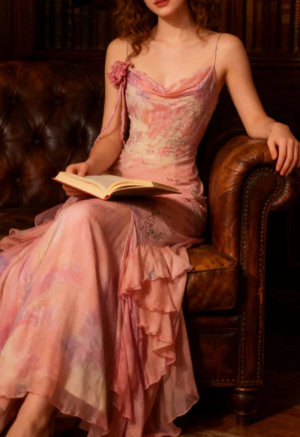 Fairytale Pink Mermaid Spaghetti Strap Beaded Ruffle Chiffon Formal Prom Dresses