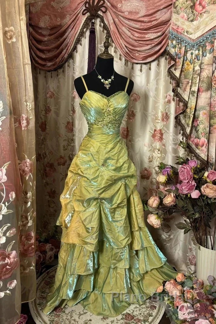 Fairytale Sage A-Line Mask Formal Prom Dresses Beaded Satin Evening Gown For Birthady&Graduation