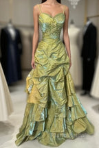 Fairytale Sage A-Line Mask Formal Prom Dresses Beaded Satin Evening Gown For Birthady&Graduation