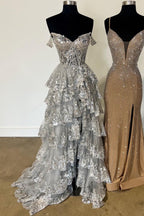 Fairytale Sequin-Embroidery Off-The-Shoulder Tiered Long Formal Prom Dresses With Slit