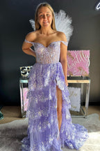 Fairytale Sequin-Embroidery Off-The-Shoulder Tiered Long Formal Prom Dresses With Slit