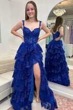 Fairytale Sequin-Embroidery Off-The-Shoulder Tiered Long Formal Prom Dresses With Slit