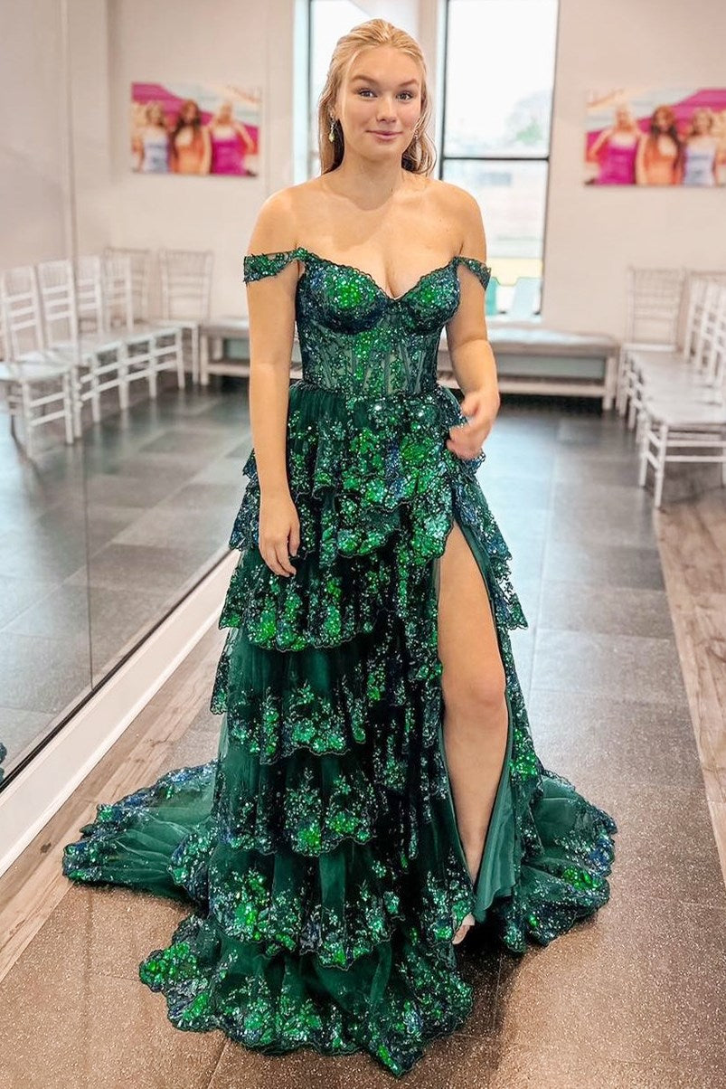 Fairytale Sequin-Embroidery Off-The-Shoulder Tiered Long Formal Prom Dresses With Slit