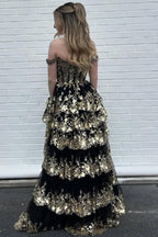 Fairytale Sequin-Embroidery Off-The-Shoulder Tiered Long Formal Prom Dresses With Slit