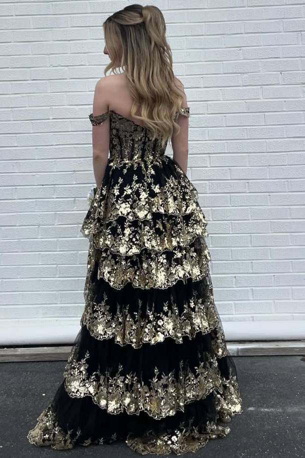 Fairytale Sequin-Embroidery Off-The-Shoulder Tiered Long Formal Prom Dresses With Slit
