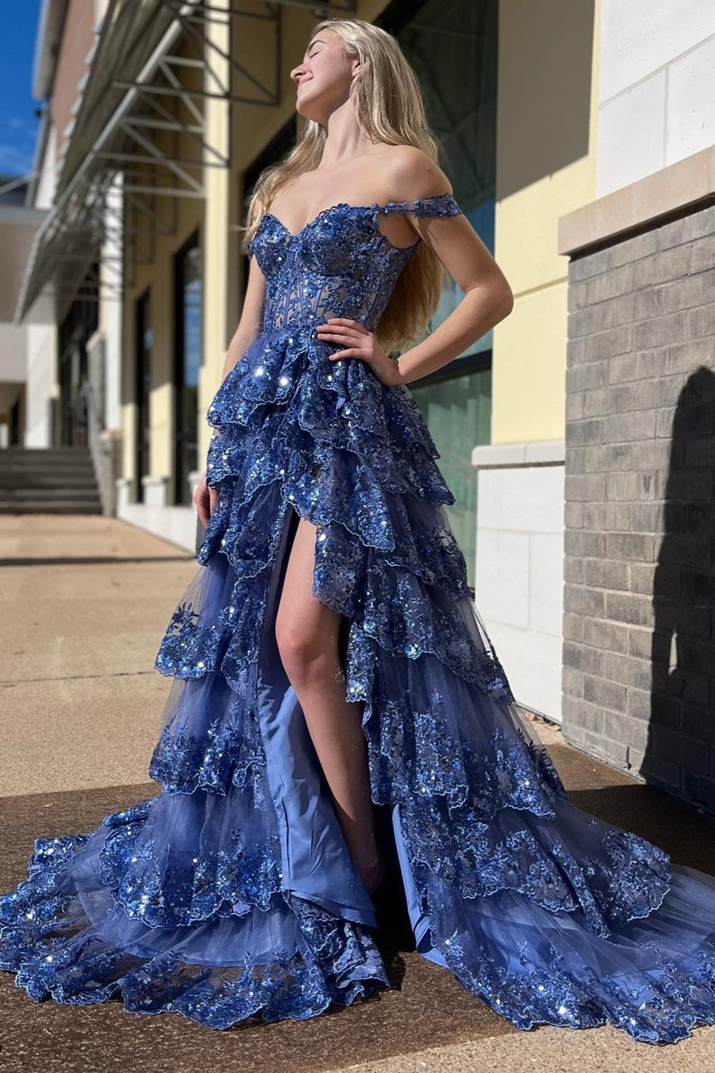 Fairytale Sequin-Embroidery Off-The-Shoulder Tiered Long Formal Prom Dresses With Slit Secondary image