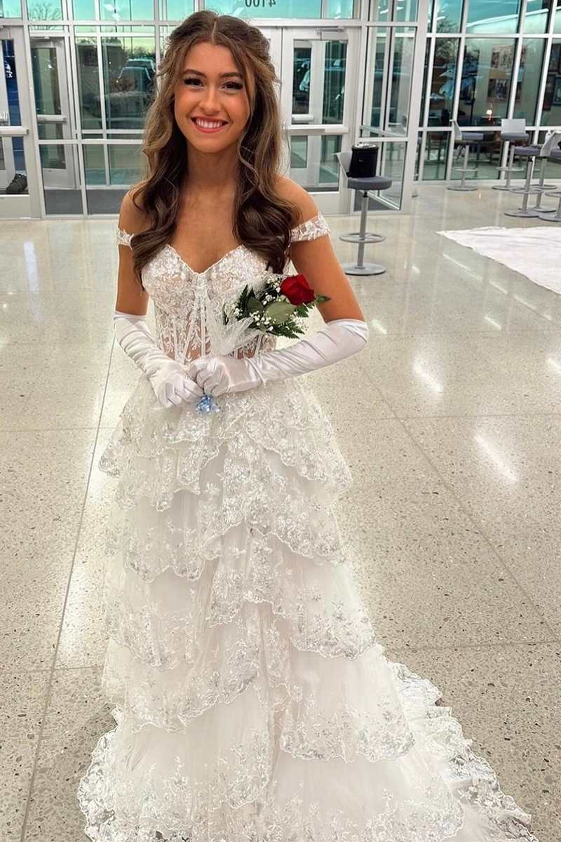 Fairytale Sequin-Embroidery Off-The-Shoulder Tiered Long Formal Prom Dresses With Slit