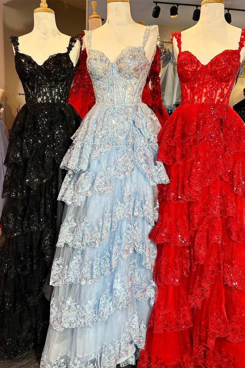 Fairytale Sequin-Embroidery Off-The-Shoulder Tiered Long Formal Prom Dresses With Slit Main image