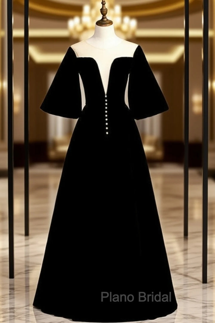 Fancy Black Velvet Horn Sleeve Illusion Formal Prom Dresses